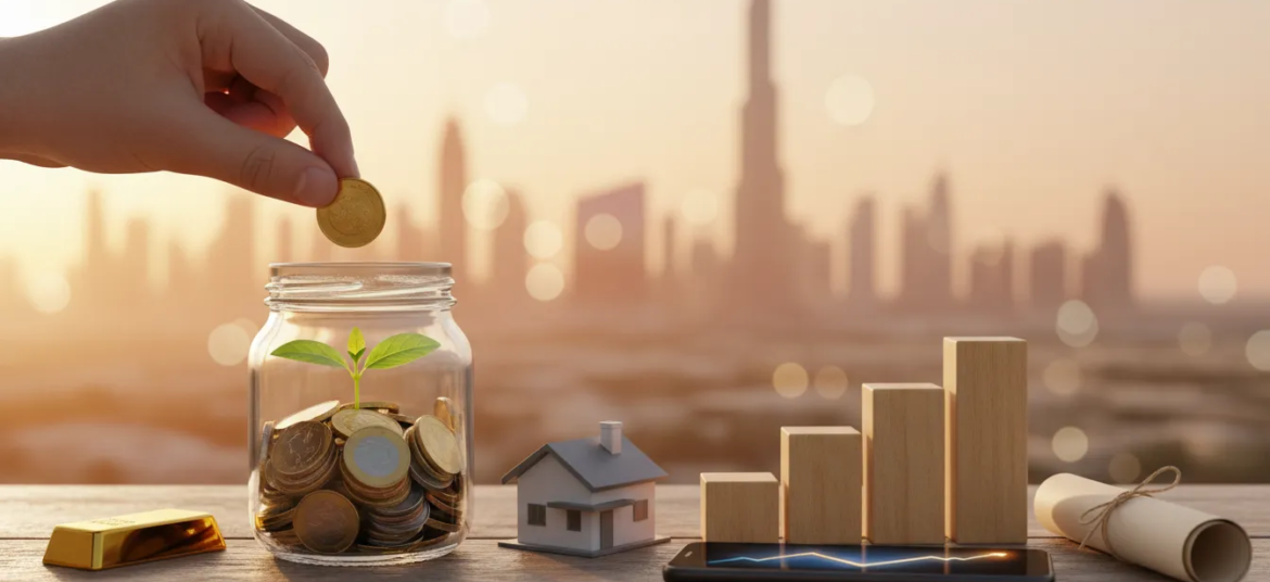 Glass jar of coins with a small seedling and a hand dropping a coin, beside a gold bar, house model, ascending wooden blocks and a rolled bond, with Dubai skyline (Burj Khalifa) at golden hour in the background — visual concept for starting investments with 1000 dirhams in the UAE.