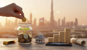 Glass jar of coins with a small seedling and a hand dropping a coin, beside a gold bar, house model, ascending wooden blocks and a rolled bond, with Dubai skyline (Burj Khalifa) at golden hour in the background — visual concept for starting investments with 1000 dirhams in the UAE.