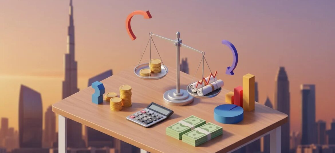 Isometric illustration of a modern desk with a calculator, coins, balance scale weighing coins and blank financial documents, and the Dubai skyline in the background representing corporate tax calculation in the UAE