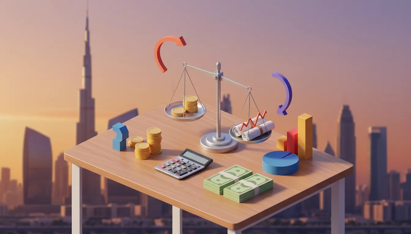 Isometric illustration of a modern desk with a calculator, coins, balance scale weighing coins and blank financial documents, and the Dubai skyline in the background representing corporate tax calculation in the UAE