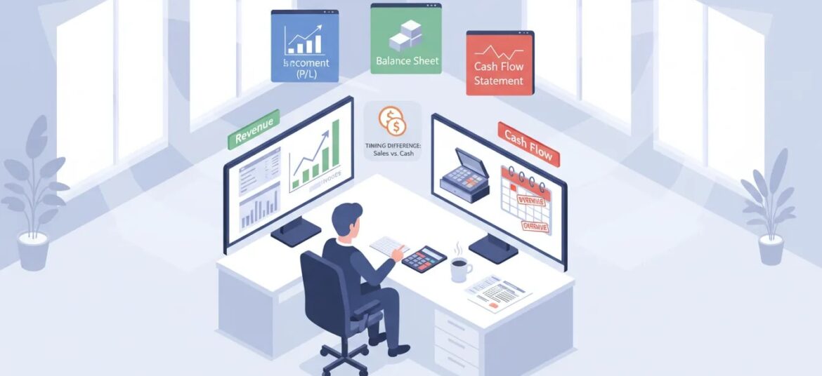 Small business manager comparing revenue charts and cash-flow alerts on dual monitors with icons for income statement, balance sheet, and cash flow statement
