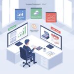 Small business manager comparing revenue charts and cash-flow alerts on dual monitors with icons for income statement, balance sheet, and cash flow statement