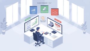 Small business manager comparing revenue charts and cash-flow alerts on dual monitors with icons for income statement, balance sheet, and cash flow statement