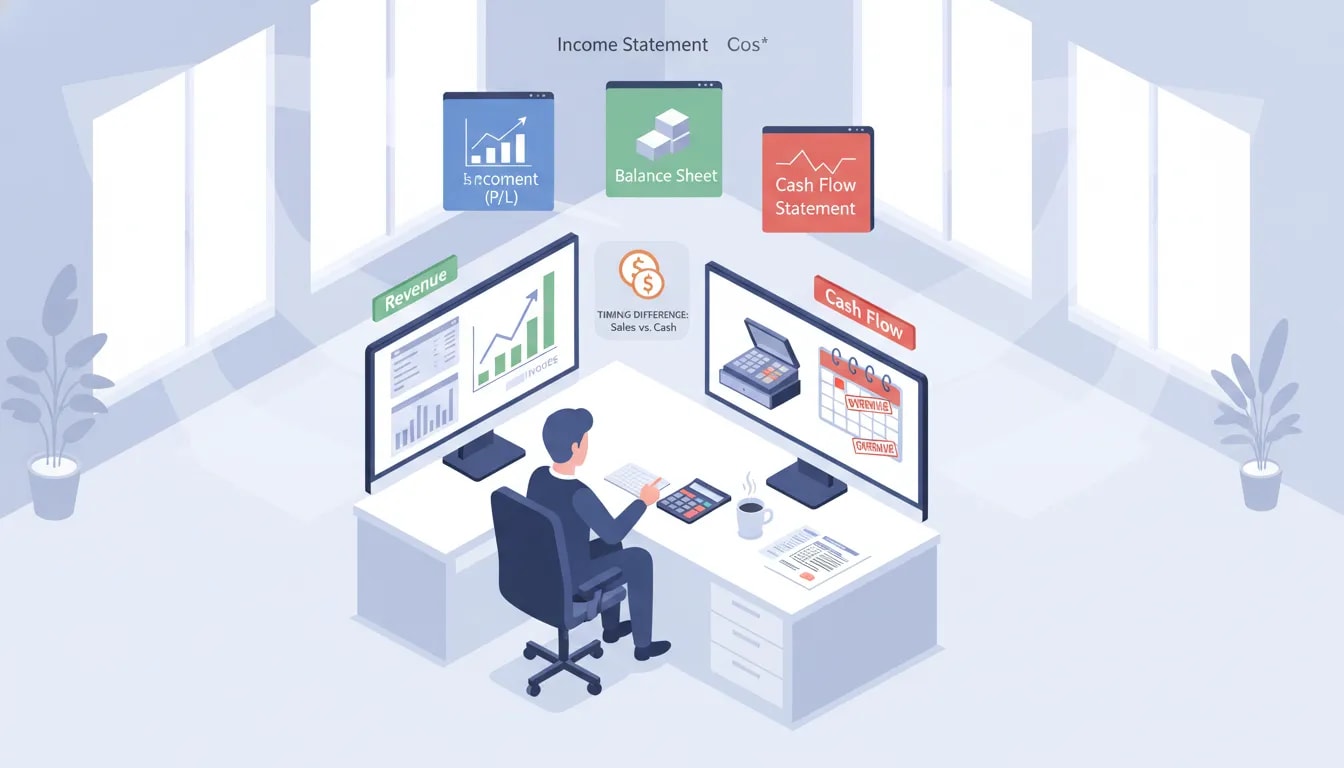 Small business manager comparing revenue charts and cash-flow alerts on dual monitors with icons for income statement, balance sheet, and cash flow statement