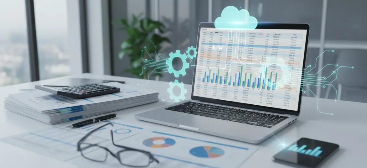 Photorealistic accountant workspace with laptop showing a spreadsheet, printed financial statements, calculator and subtle digital automation overlays (gears and flow lines) symbolizing automated preparation of income statement, balance sheet and cash flow.