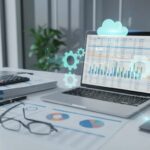 Photorealistic accountant workspace with laptop showing a spreadsheet, printed financial statements, calculator and subtle digital automation overlays (gears and flow lines) symbolizing automated preparation of income statement, balance sheet and cash flow.
