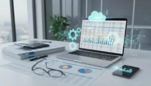 Photorealistic accountant workspace with laptop showing a spreadsheet, printed financial statements, calculator and subtle digital automation overlays (gears and flow lines) symbolizing automated preparation of income statement, balance sheet and cash flow.
