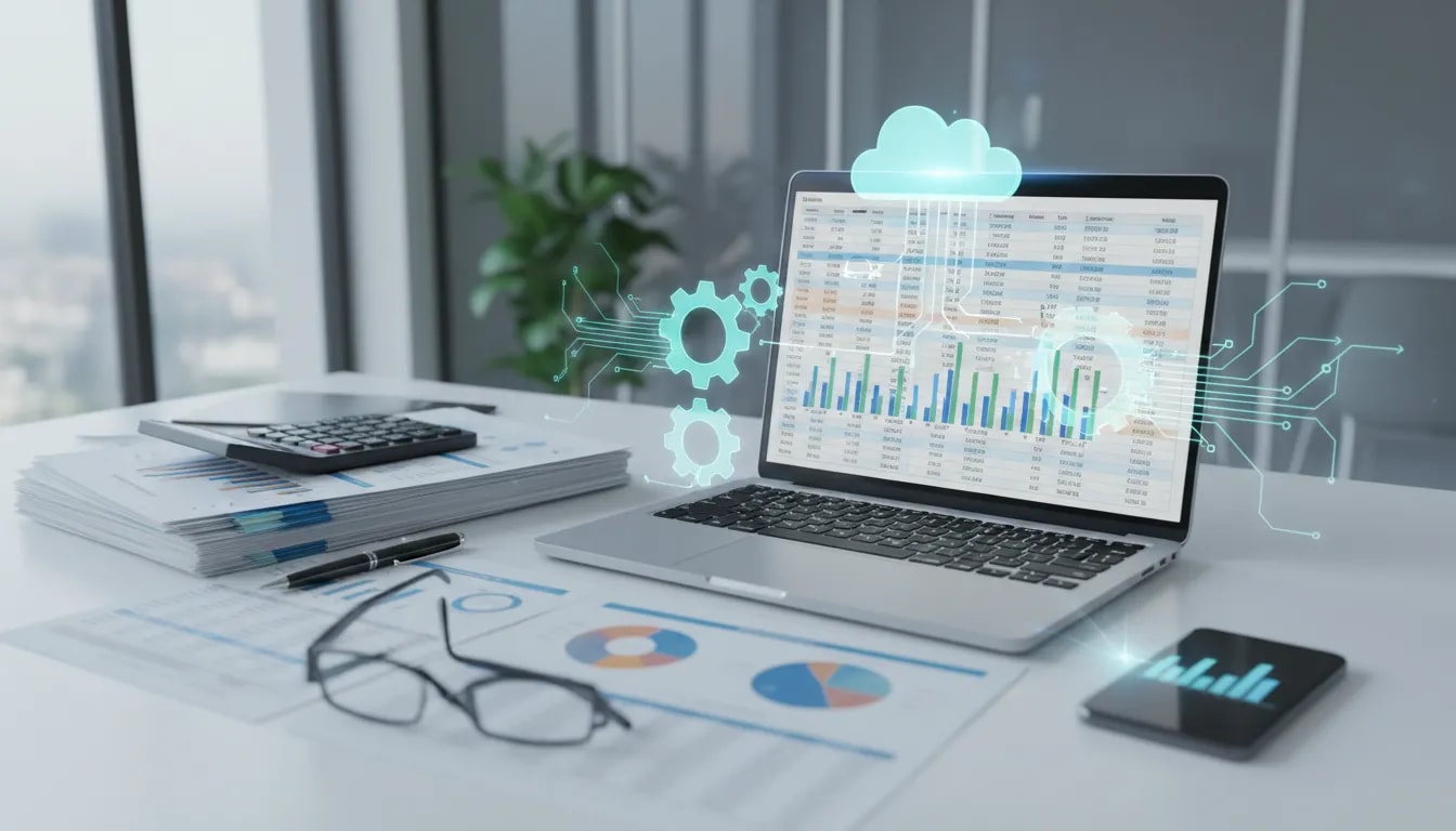 Photorealistic accountant workspace with laptop showing a spreadsheet, printed financial statements, calculator and subtle digital automation overlays (gears and flow lines) symbolizing automated preparation of income statement, balance sheet and cash flow.