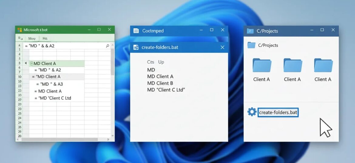 Split-screen showing Excel producing MD commands, a Notepad .bat file and File Explorer listing the created folders.