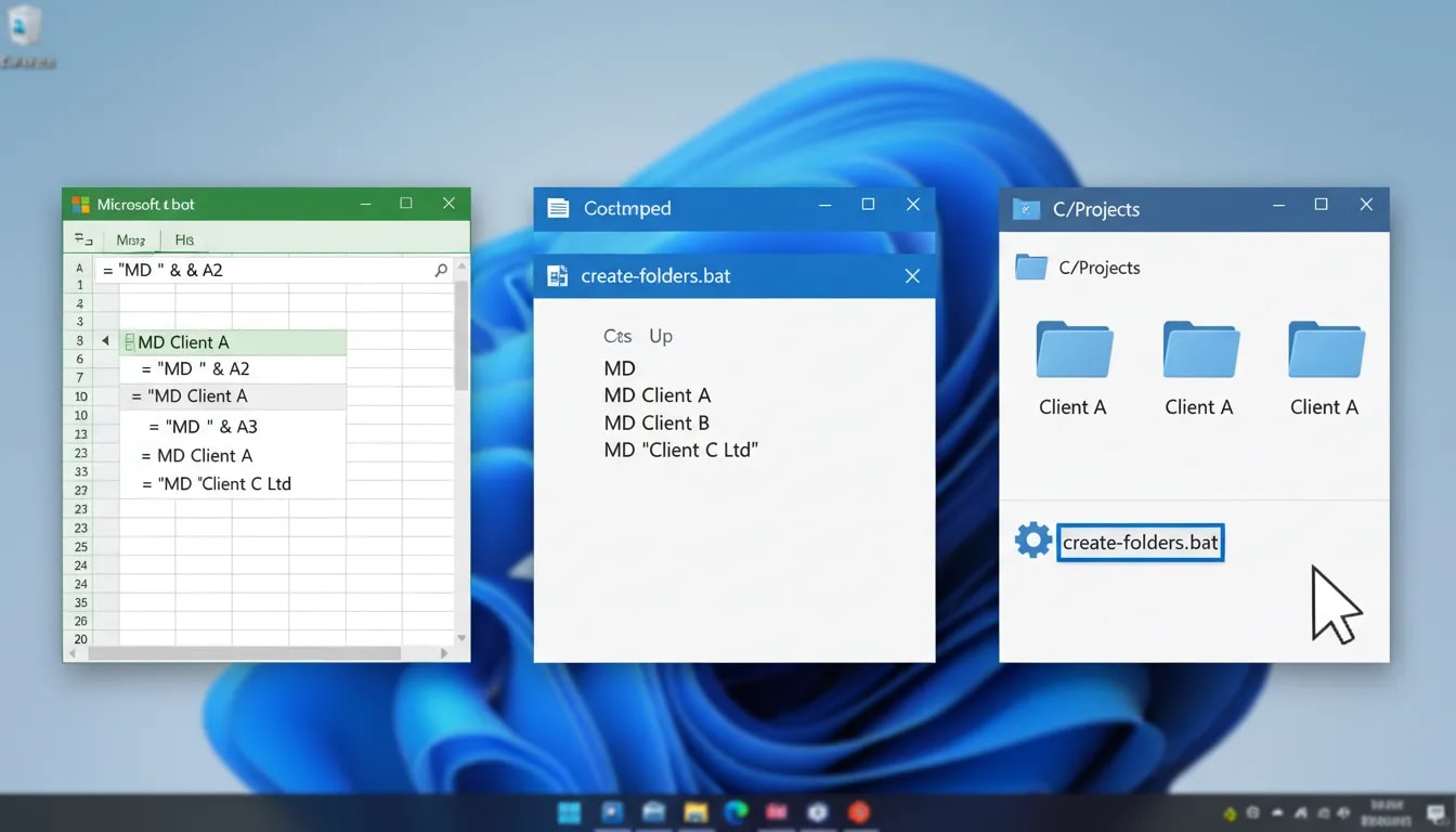 Split-screen showing Excel producing MD commands, a Notepad .bat file and File Explorer listing the created folders.