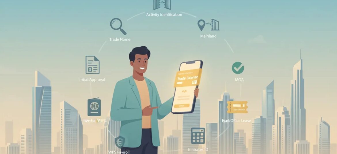 Entrepreneur holding smartphone showing a digital UAE trade license with the Dubai skyline and floating icons illustrating the step-by-step business setup checklist