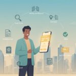 Entrepreneur holding smartphone showing a digital UAE trade license with the Dubai skyline and floating icons illustrating the step-by-step business setup checklist