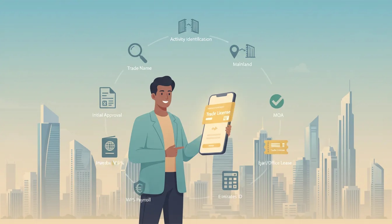 Entrepreneur holding smartphone showing a digital UAE trade license with the Dubai skyline and floating icons illustrating the step-by-step business setup checklist