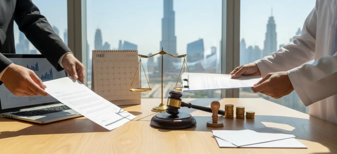Desk with blank legal documents, gavel, scales, coins and Dubai skyline symbolizing UAE company liquidation