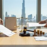 Desk with blank legal documents, gavel, scales, coins and Dubai skyline symbolizing UAE company liquidation