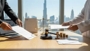 Desk with blank legal documents, gavel, scales, coins and Dubai skyline symbolizing UAE company liquidation